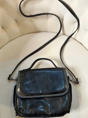 VTG 90s Buxton Black Leather Crossbody Bag Mini Satchel Purse White Stitching